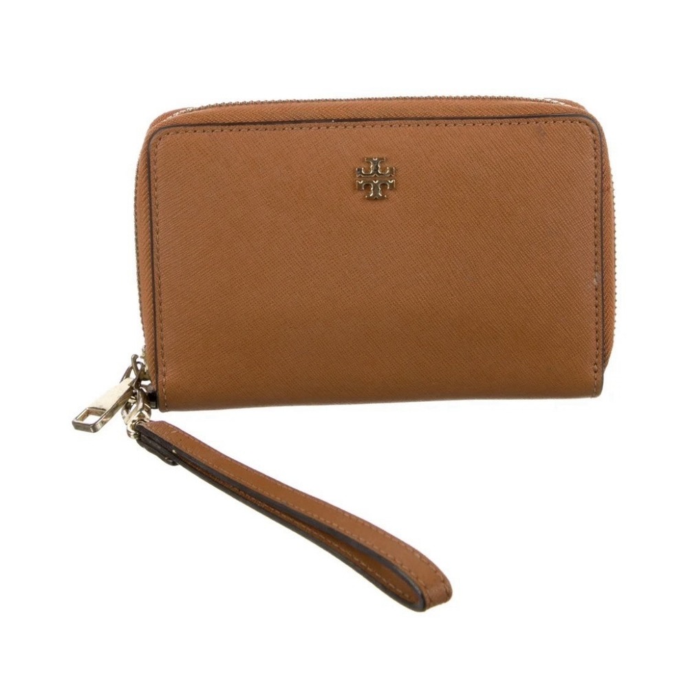 Tory Burch Emerson Med Zip Around Wallet Wrislet In Saffiano Leather Moose Brown